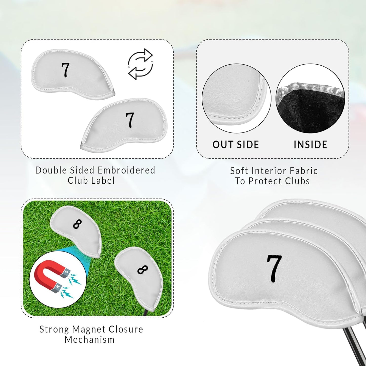 Premium Magnetic Leather Iron and Wedge Golf Club Head Covers | Set of 10 | Fits Most Clubs |