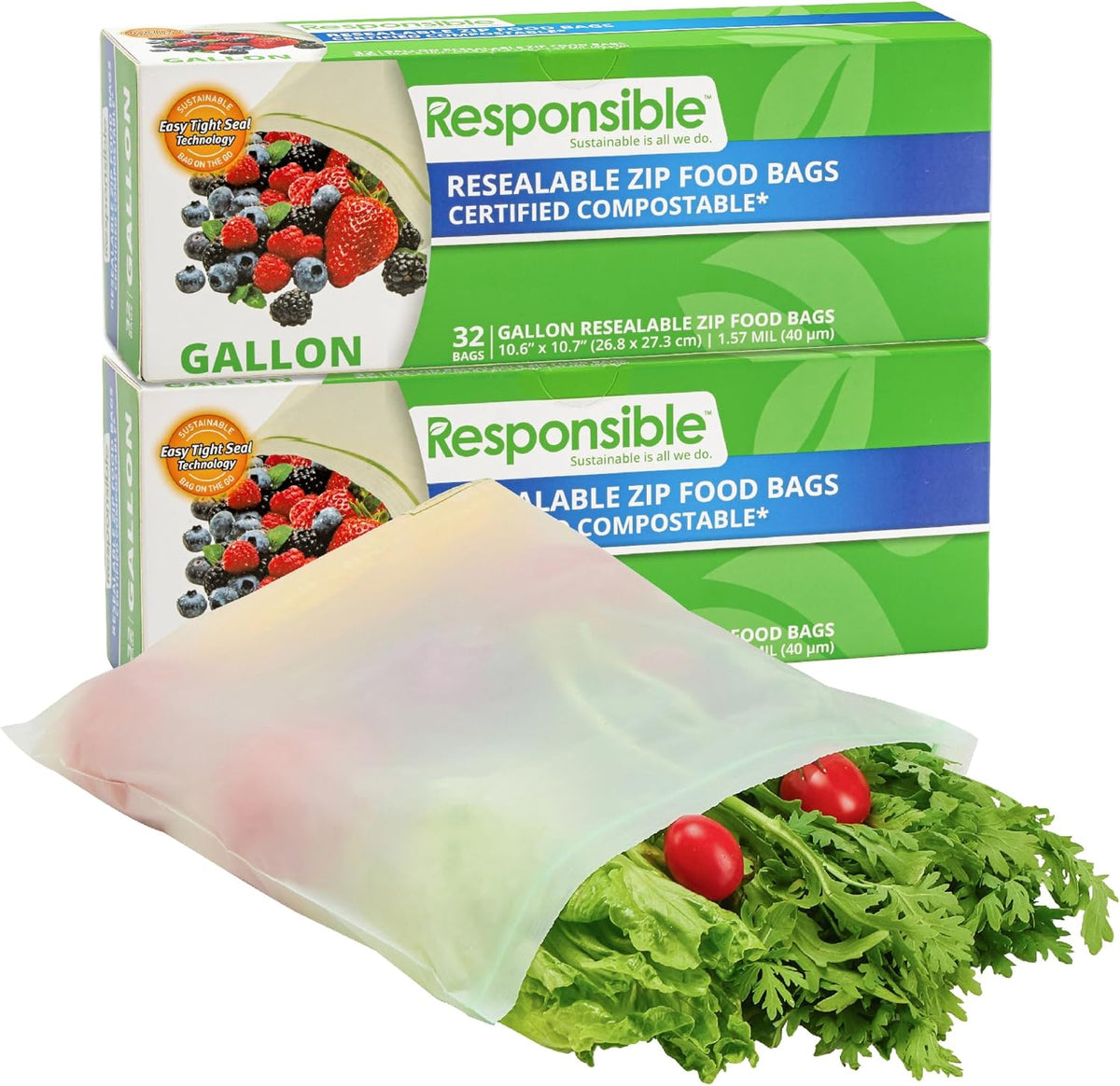 Certified Compostable Large GALLON Resealable Zip Bag, Extra Strength Food Bags, Made from Plant