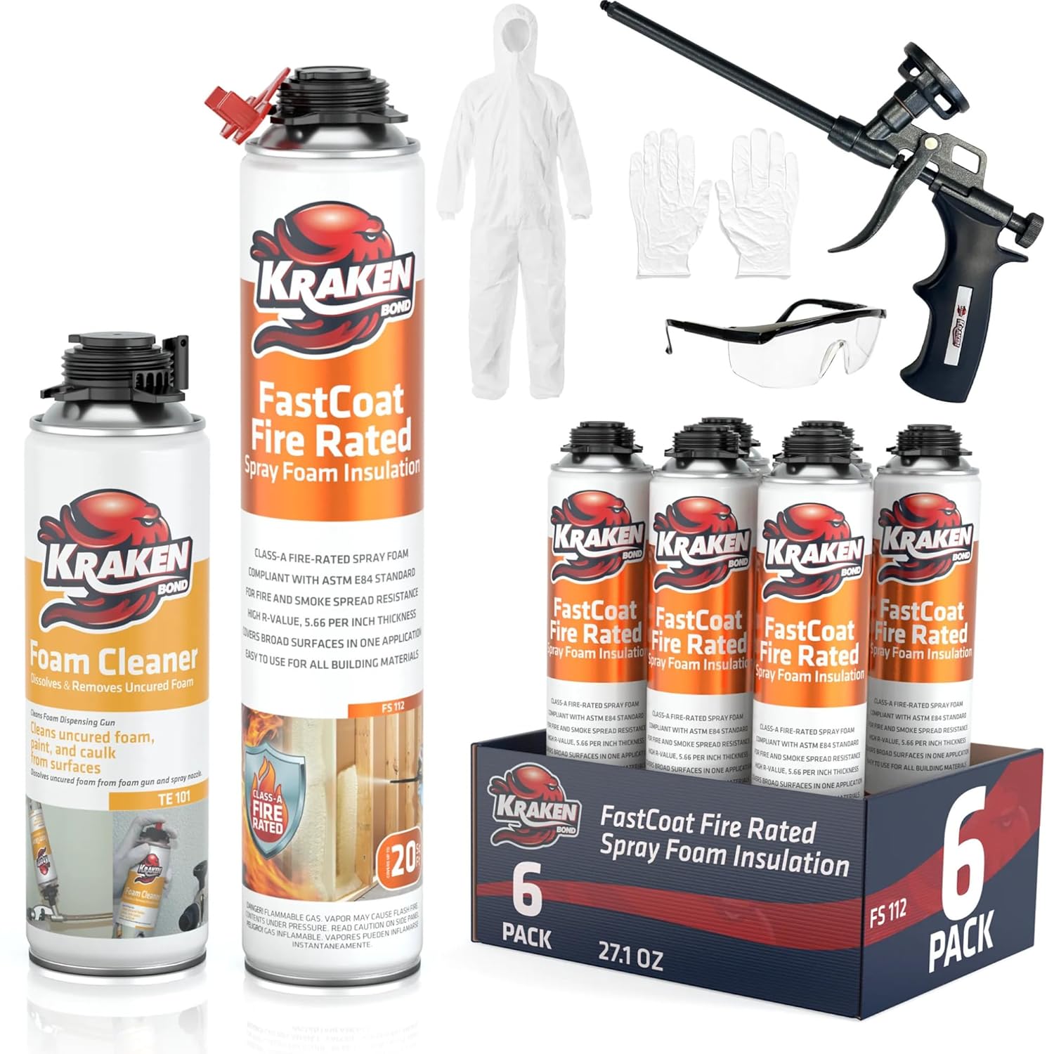Kraken Bond Fastcoat Fire Rated Spray Foam Insulation Kit Closed Cell in a Can 120 sq ft (6x27.1