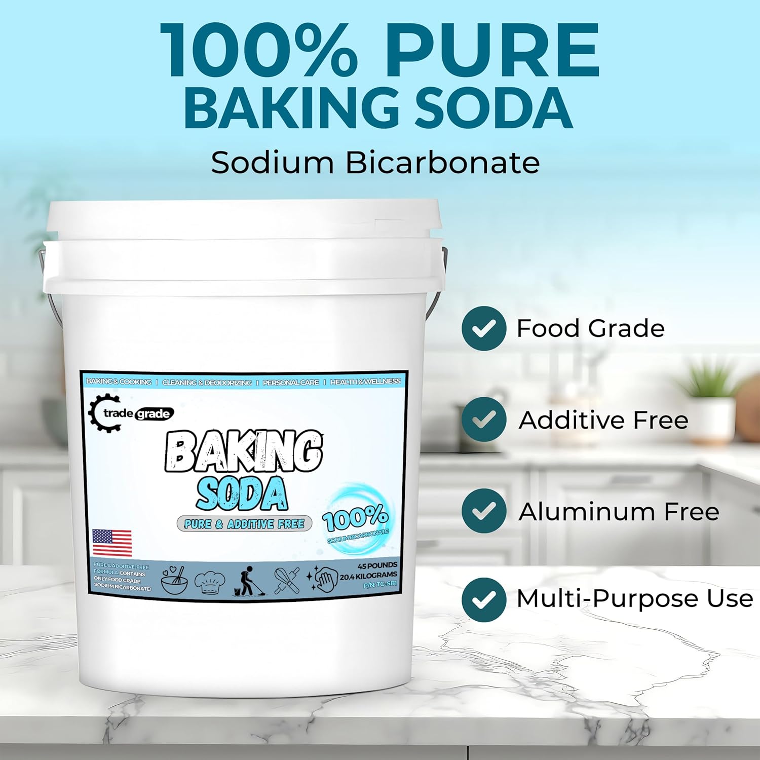 TradeGrade Pure Baking Soda Powder – 45 lb Bucket, Sodium Bicarbonate Powder | Premium Food-Grade