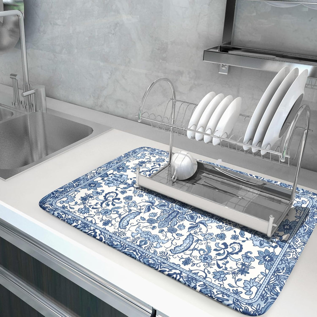 Chinoiserie Floral Dish Drying Mat for Kitchen Counter Blue and White Flowers Pattern Dish Drying