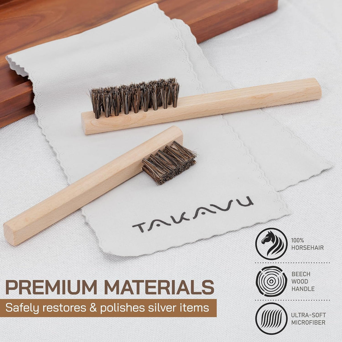 TAKAVU Horsehair Detail Brush Set, Silver Cleaning Brushes & Polish Cloth for Silverware Plateware