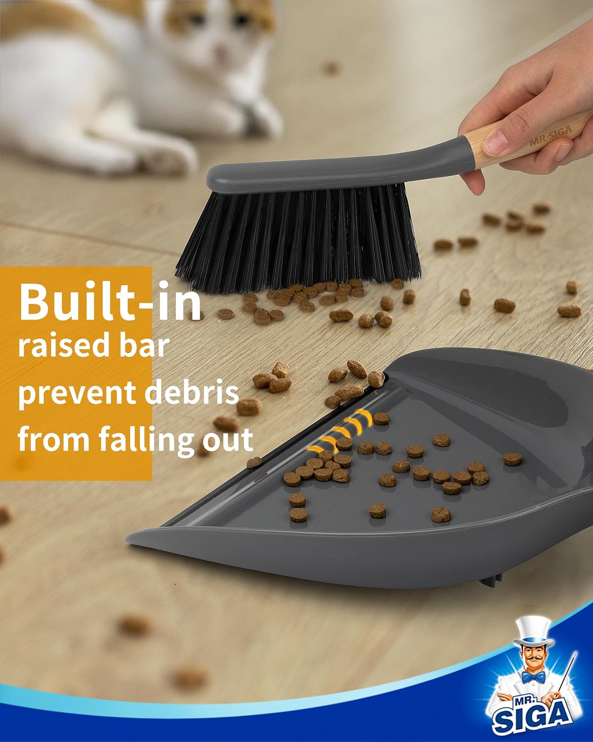 MR.SIGA Dustpan and Brush Set, Portable Cleaning Brush and Dustpan Combo with Bamboo Handle, Gray