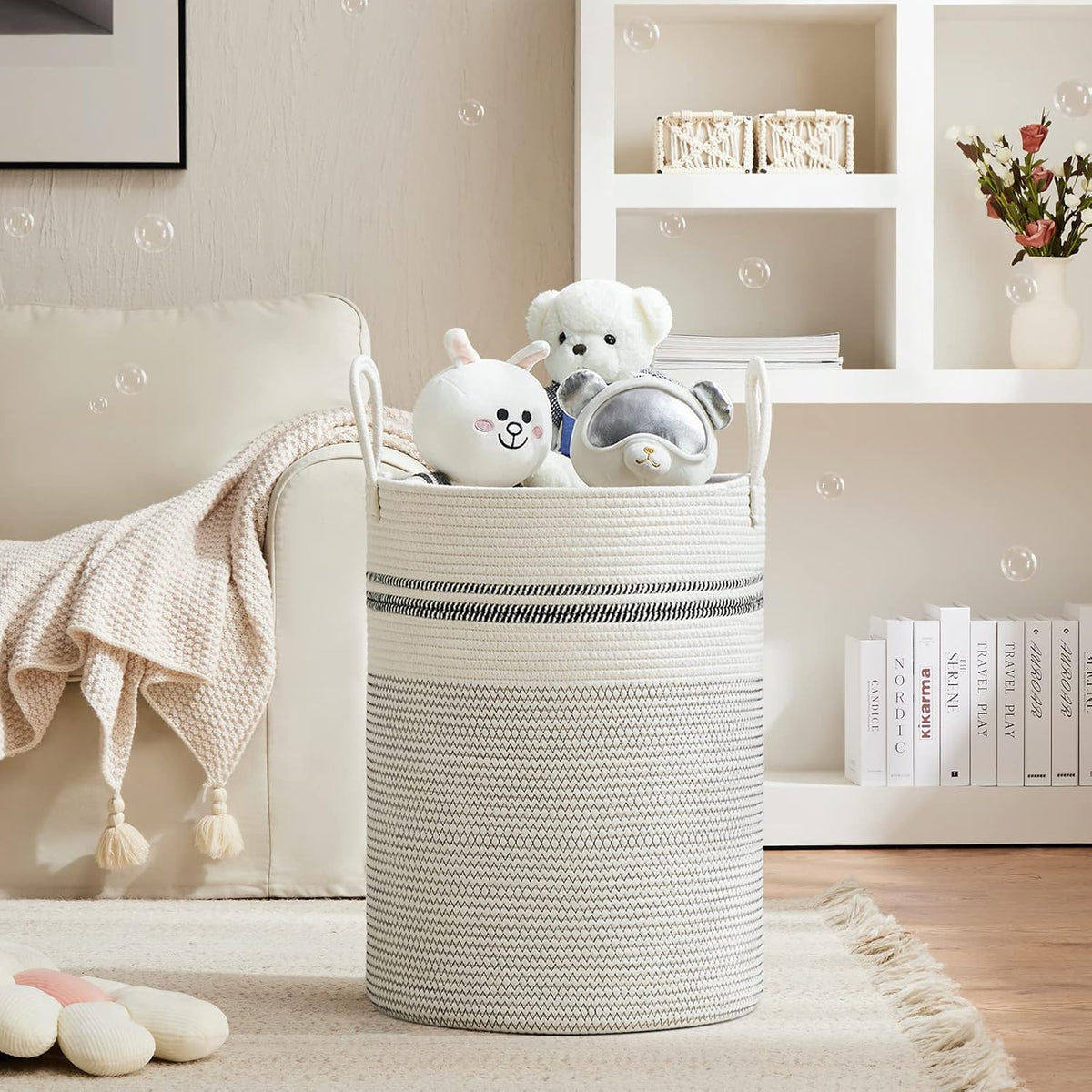 VIPOSCO Large Laundry Hamper, Tall Woven Rope Storage Basket for Blanket, Toys, Dirty Clothes in