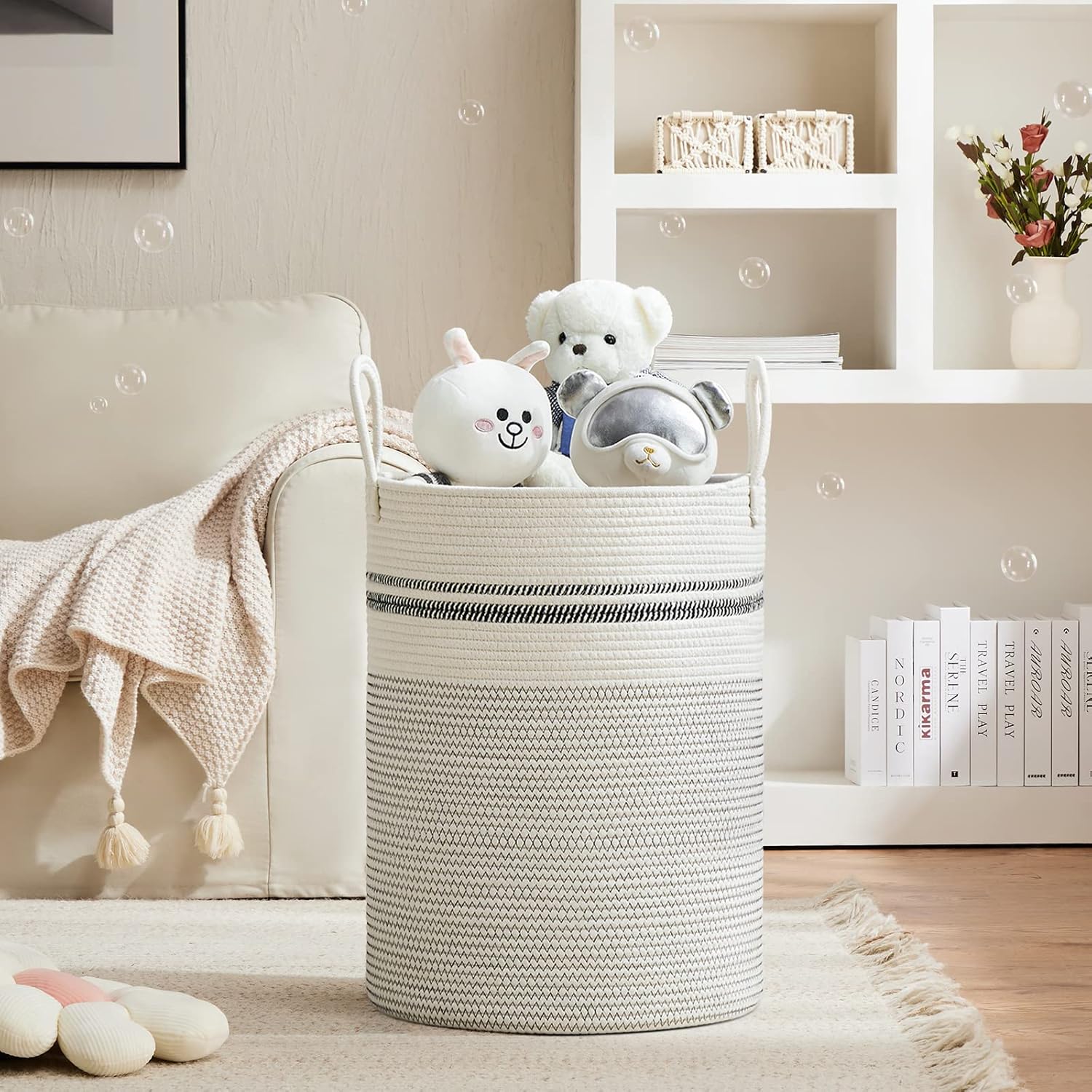 VIPOSCO Large Laundry Hamper, Tall Woven Rope Storage Basket for Blanket, Toys, Dirty Clothes in