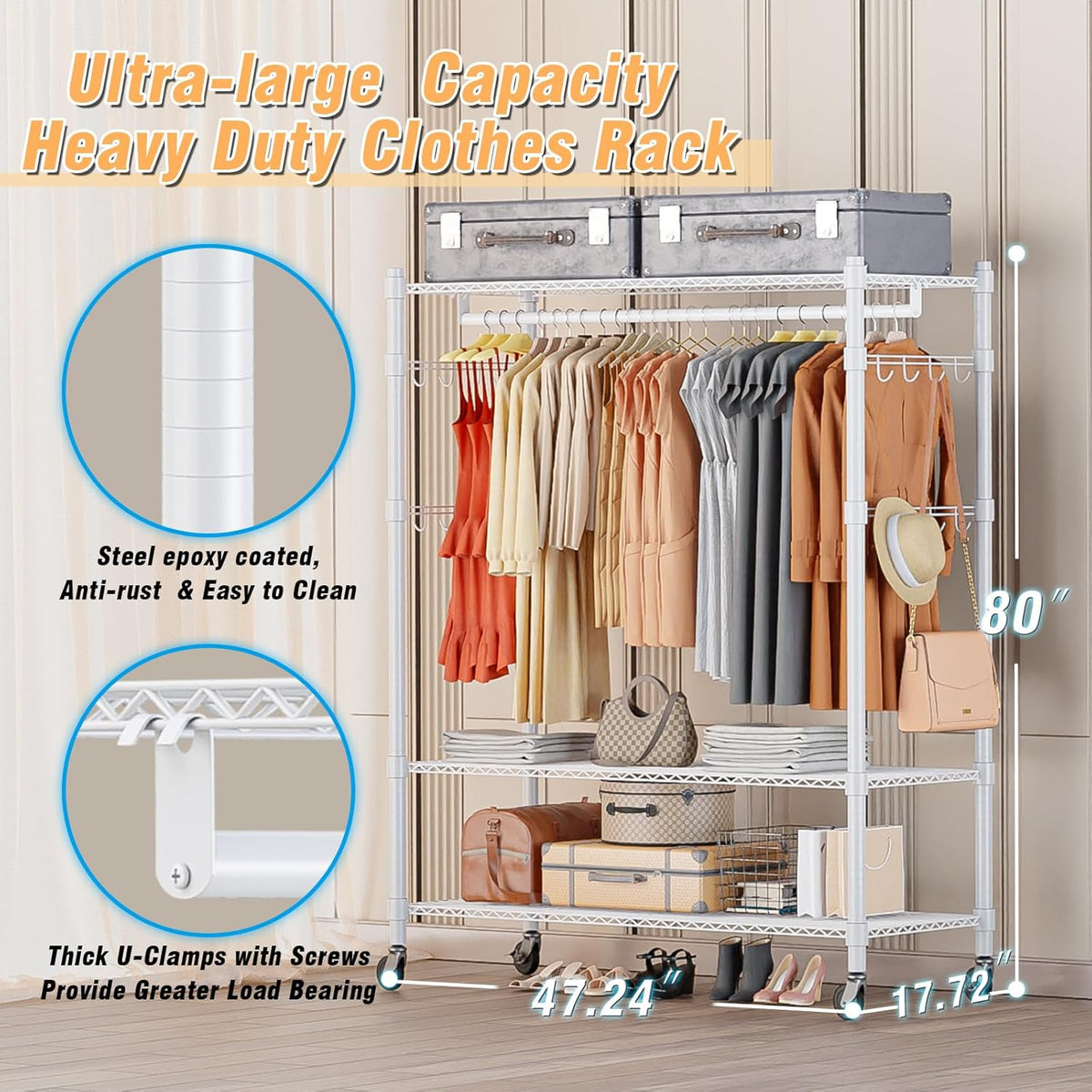 Homdox 3 Tier Garment Rack with Wheels, Portable Closets for Hanging Clothes Heavy Duty, Closet