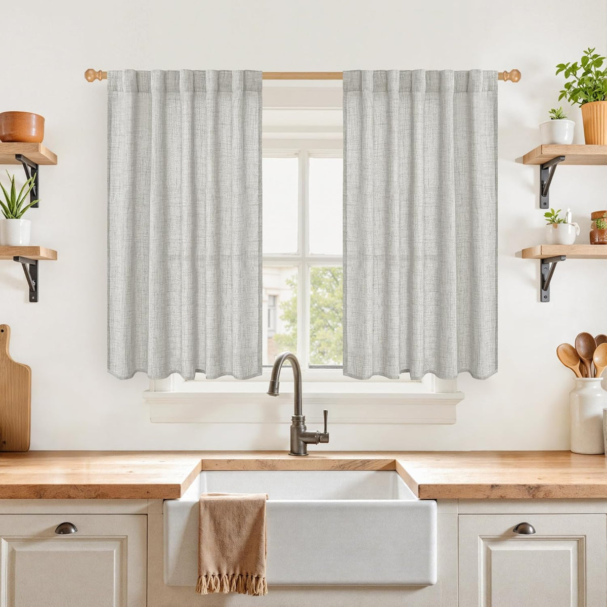YoungsTex Light Grey Linen Curtains 40 Inches Long for Kitchen Cafe Window, Short Length Semi Sheer
