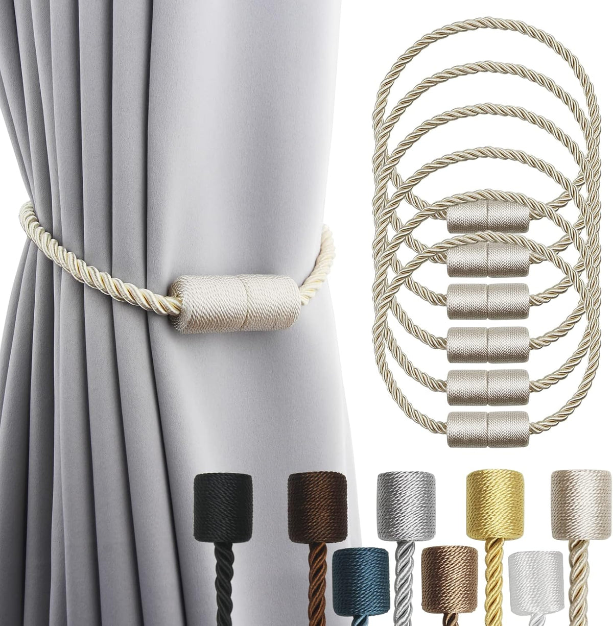 6 Pack Beige Strong Magnetic Curtain Tiebacks Outdoor Elegant Decorative Tie Backs Modern Rope
