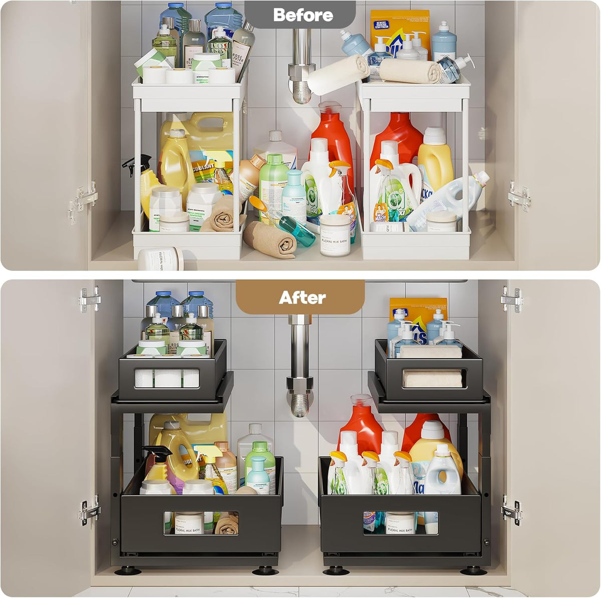 2 Pack Under Sink Organizer with Next-Gen Ball-Bearing Slides,2-Tier Pull Out Cabinet