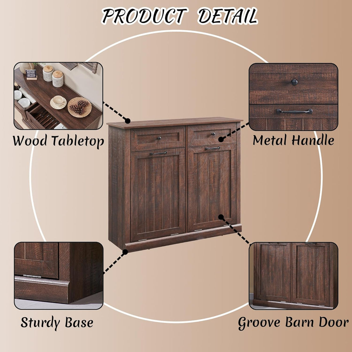 Double Tilt Out Laundry Hamper Cabinet, 20 Gallon Farmhouse Trash Can Cabinet with Drawer, Hidden