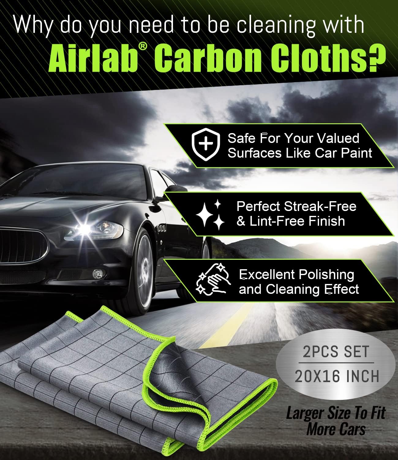 Airlab Carbon Microfiber Towels for Car Glass Window Polishing Cleaning Cloth Auto Detailing Lint