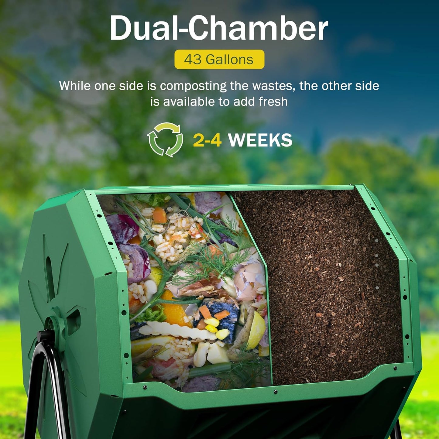 43 Gallon Outdoor Dual Chamber Tumbling Composter - BPA Free, Rotating Compost Bin with Sliding