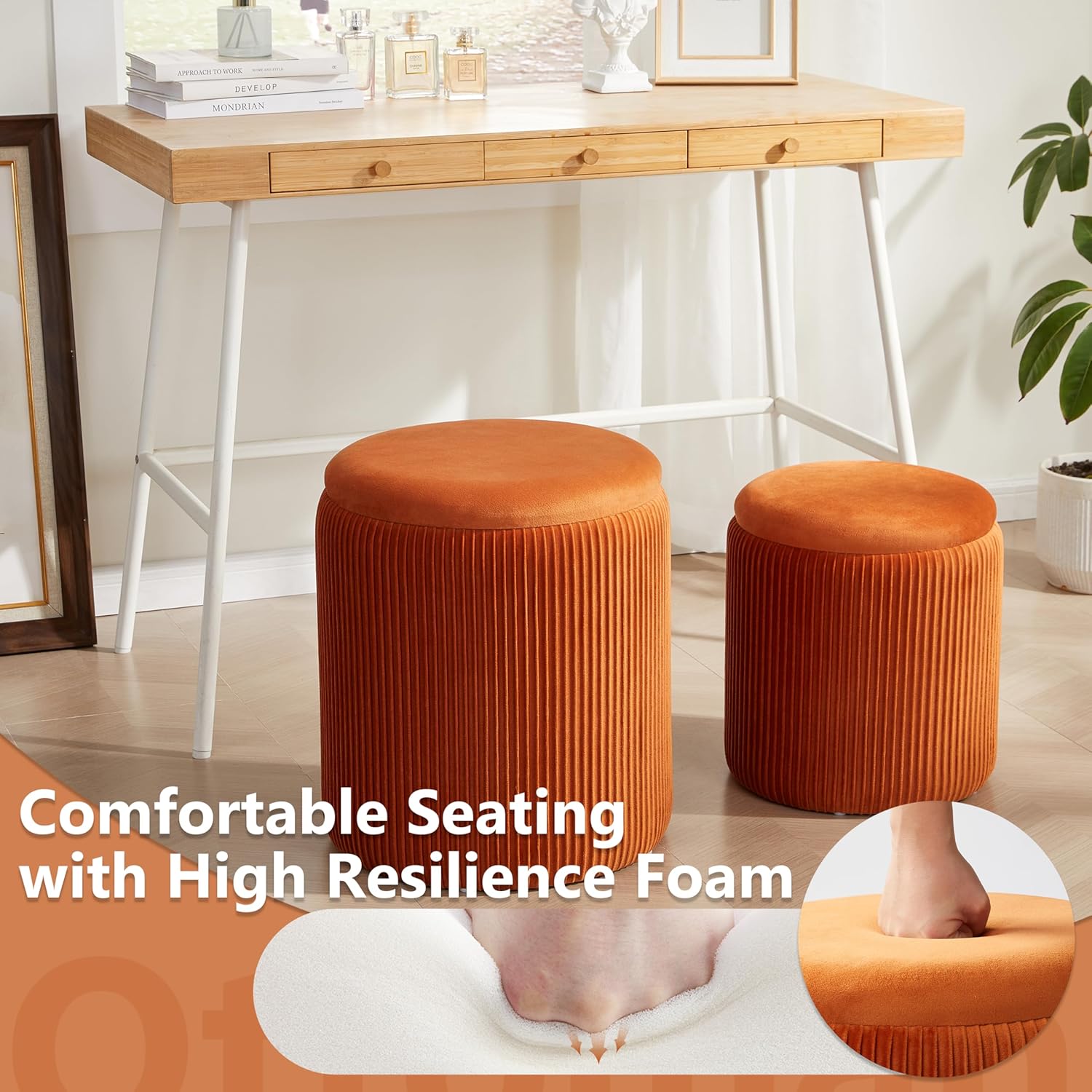 Round Ottoman with Storage Set of 2,Vanity Stool with Storage for Bedroom, Ottoman Coffee