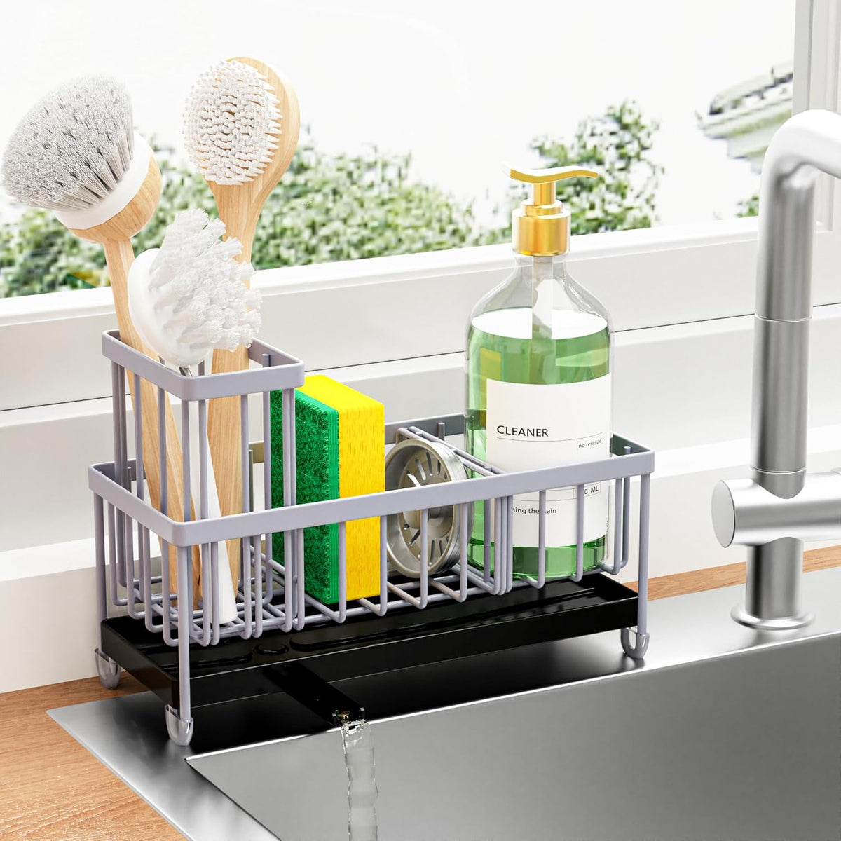 Cisily Light Gray Sponge Holder for Kitchen Sink, Sink Caddy Organizer with High Brush Holder