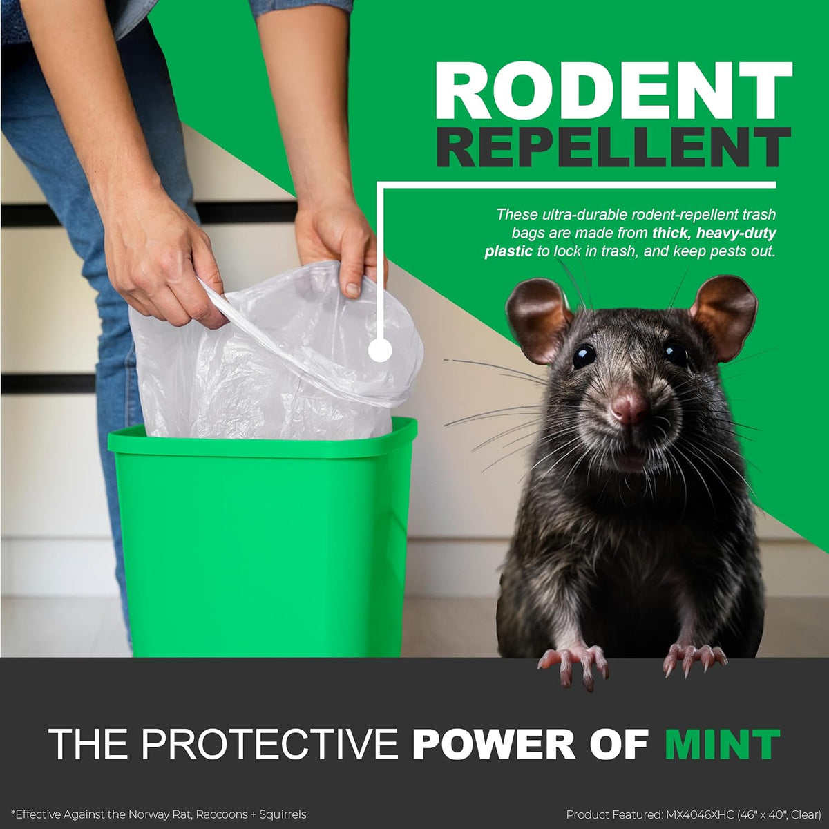 Mint-X MintFlex Rodent Repellent Trash Bags, Tall Kitchen Drawstring Bags, 1 FT 11 ¾ Inches X 2 FT