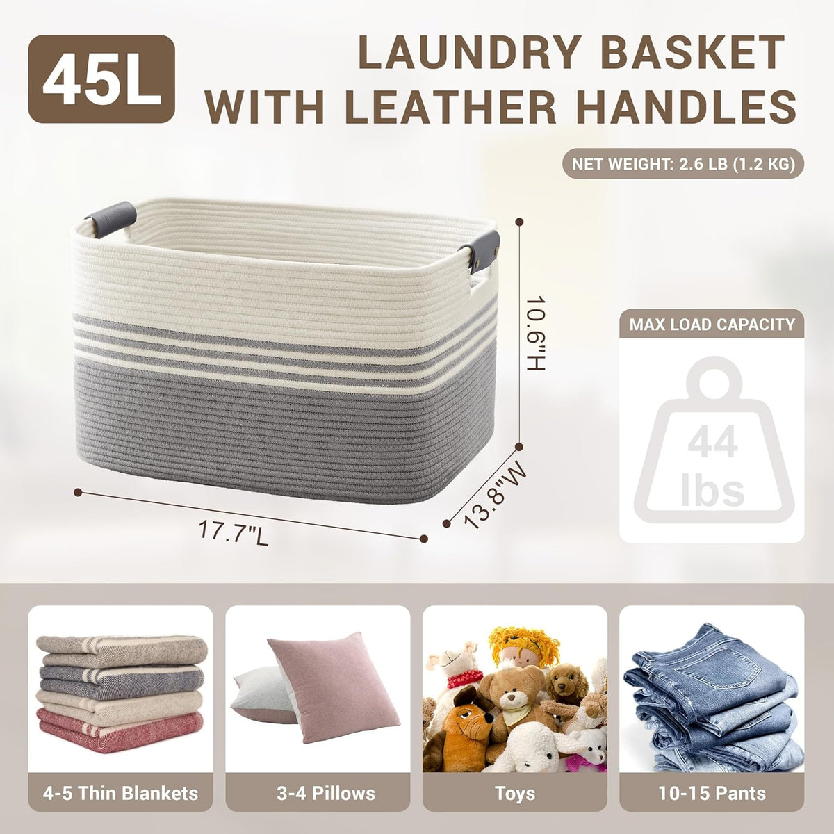 45L Small Laundry Basket with Leather Handles for Living Room Storage, Woven Rope Baskets Bin for