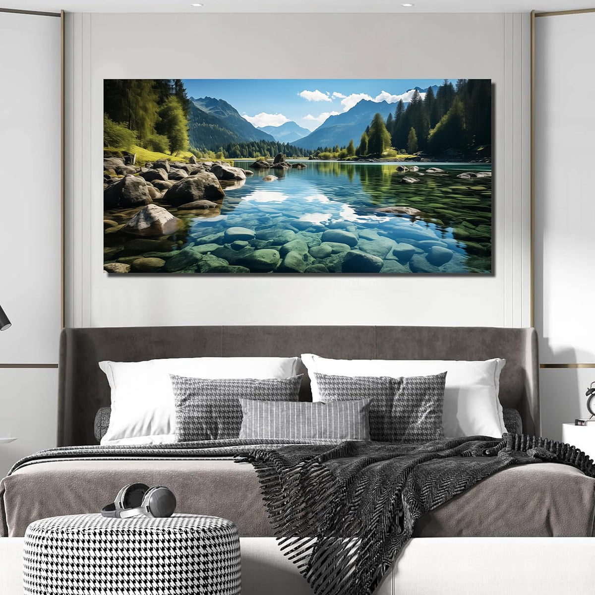 GUGIKA Landscape Wall Art for Living Room, Mountain and Lake Wall-Decor for Bedroom, Natural