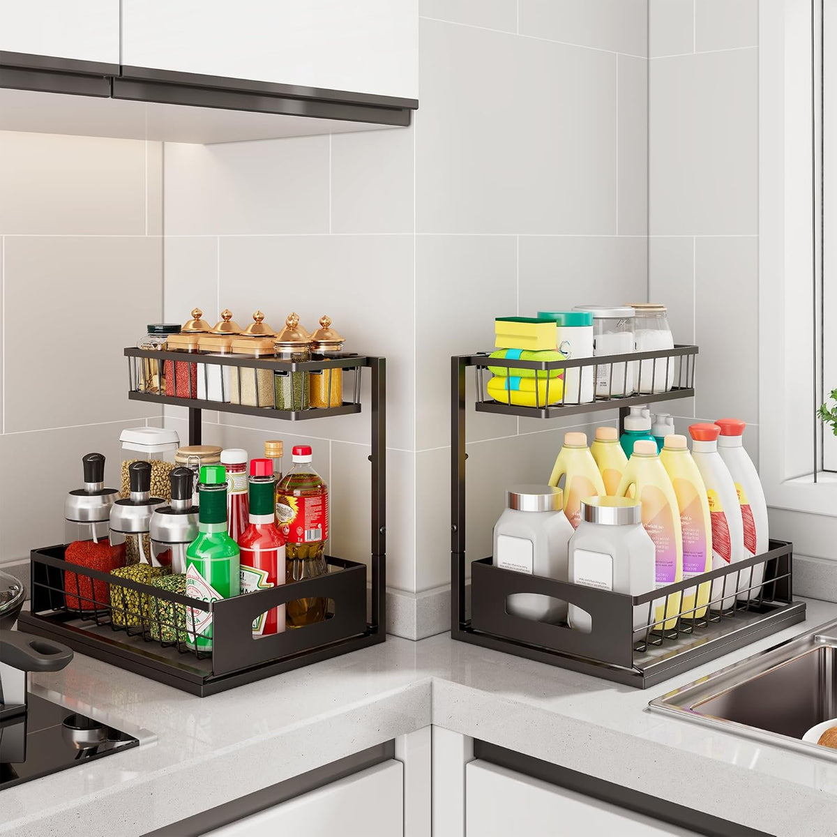 Under Sink Organizer, 2 Pack Height Adjustable Cabinet Organizer with Slide Out Drawer, Pull Out