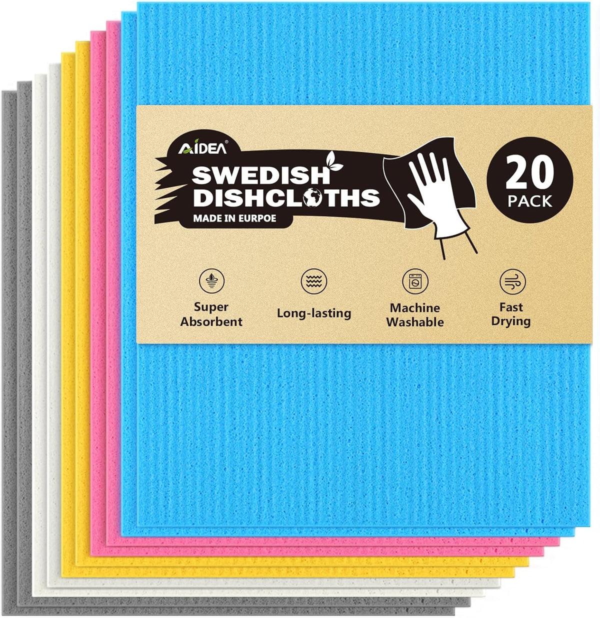 AIDEA Swedish Dishcloths for Kitchen-20PK, Absorbent Sponge Dish Cloth, Dishcloths for Washing