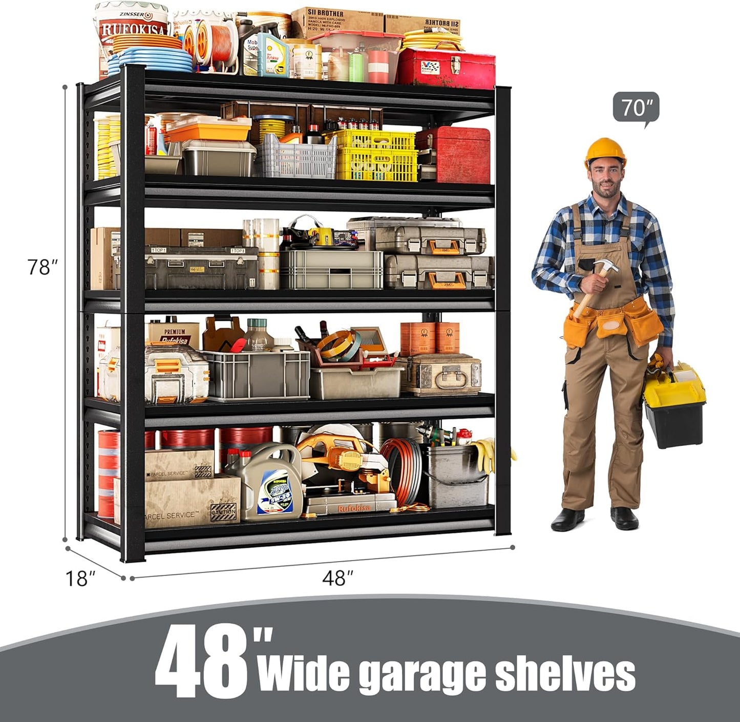 78" H Garage Shelving Heavy Duty，2800LBS Loads Adjustable Garage Storage Shelves,5-Tier Metal