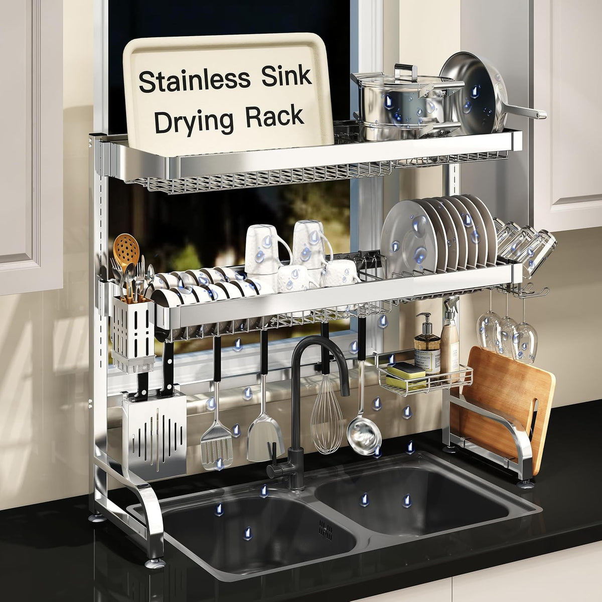 3 Tier Extra Large Stainless Steel Expandable Over The Sink Dish Drainer Drying Rack, Rust Proof