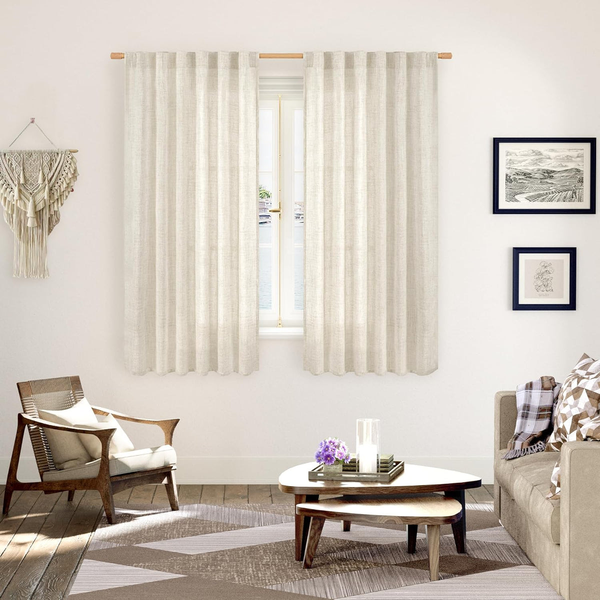 YoungsTex Boho Linen Curtains 63 Inch Length 2 Panels for Living Room - Cream Semi Sheer Window
