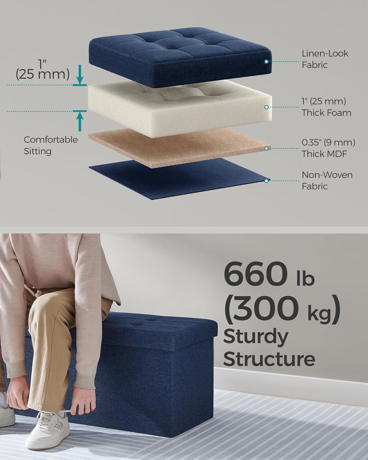 SONGMICS Mazie Collection - 43 Inches Storage Ottoman, Foldable Storage Bench with Flipping Lid