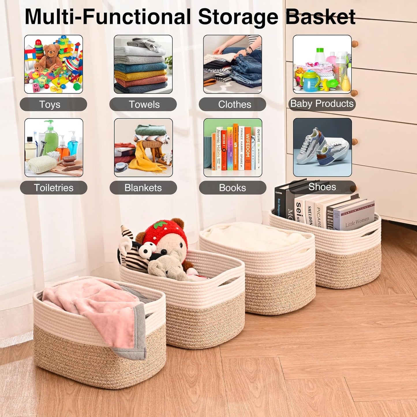 Storage Baskets for Shelves, Woven Storage Basket, Bins for Cube Storage, Cotton Rope Basket with