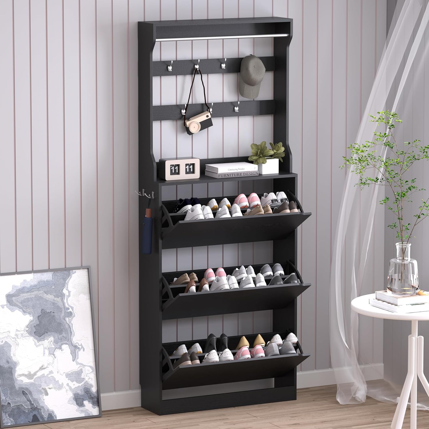 Shoe Cabinet with 3 Flip Drawers & Coat Rack, Narrow Hidden Shoe Storage Cabinet, 2-in-1 Hall Tree