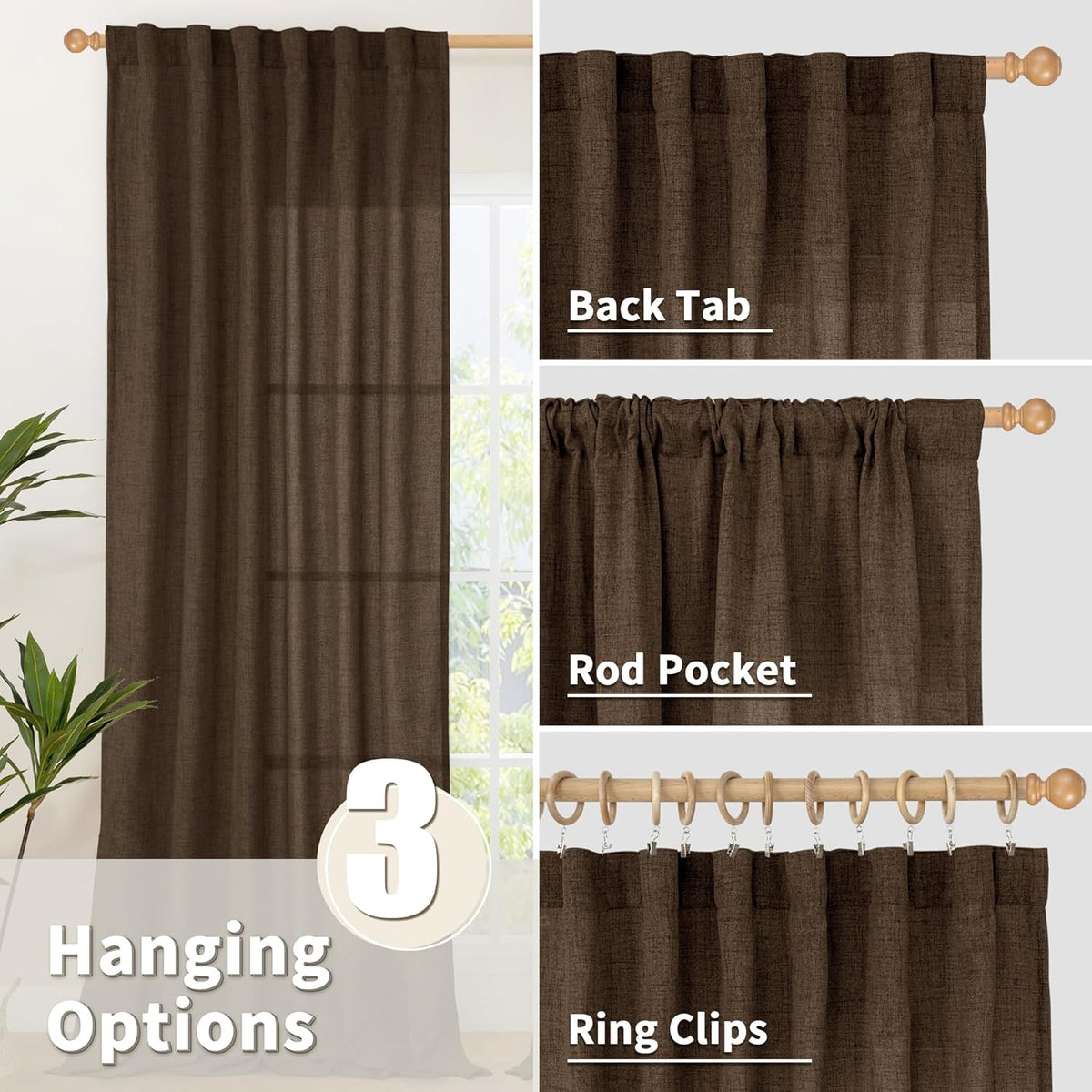 YoungsTex Brown Linen Curtains 48 Inches Long for Short Window, Light Filtering Drapes Privacy with
