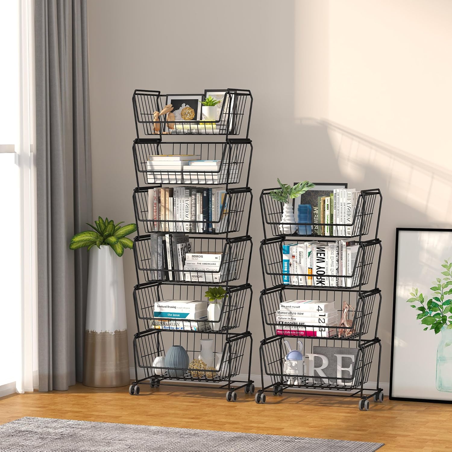 PUSDON Stackable Metal Storage Carts, Dual Use Shelf for Kitchen Fruit Vegetable Baskets with
