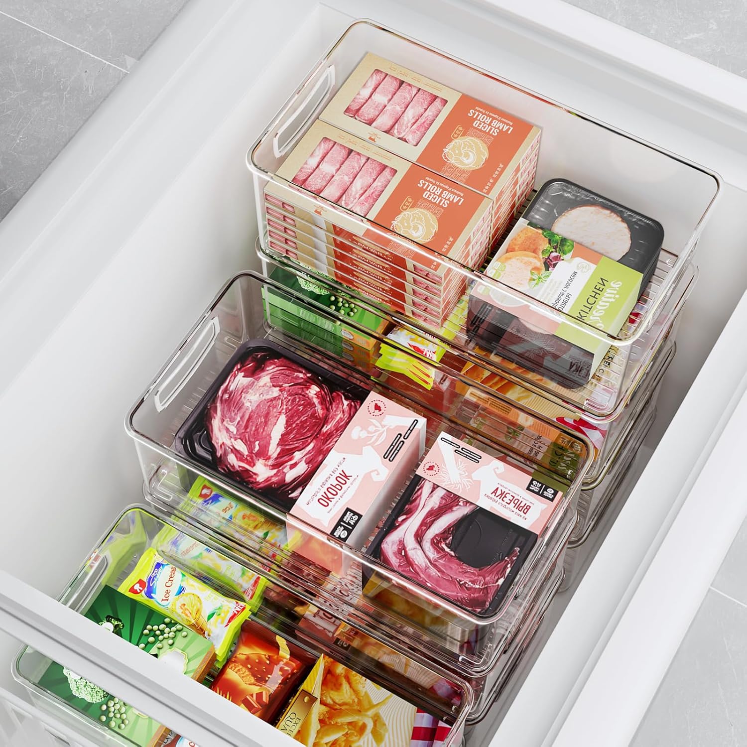 8 PACK Freezer Organizer Bins Clear Stackable Storage Bins with Side Handles for Fridge