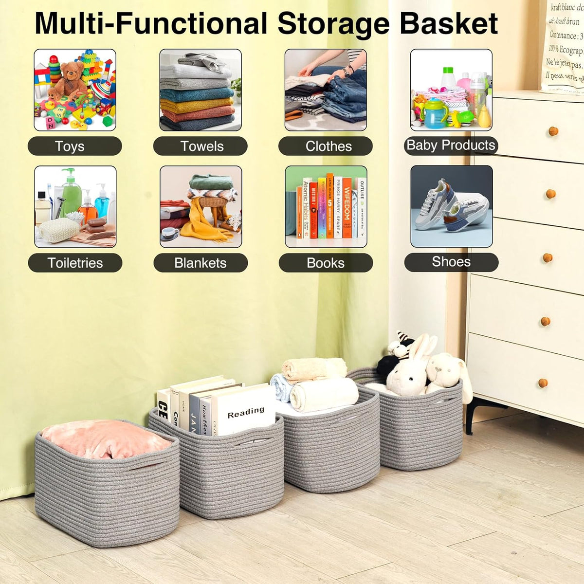 Small Storage Baskets for Shelves Organizing, Woven Cotton Rope Baskets for Storage, Book Basket