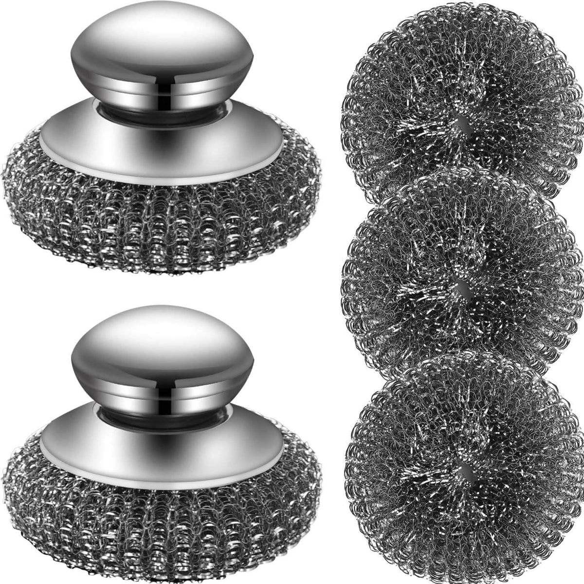 Steel Wool Scrubber with 2 Handles & 3 Replacement Wire Sponge(Scouring Pads) - Stainless Metal