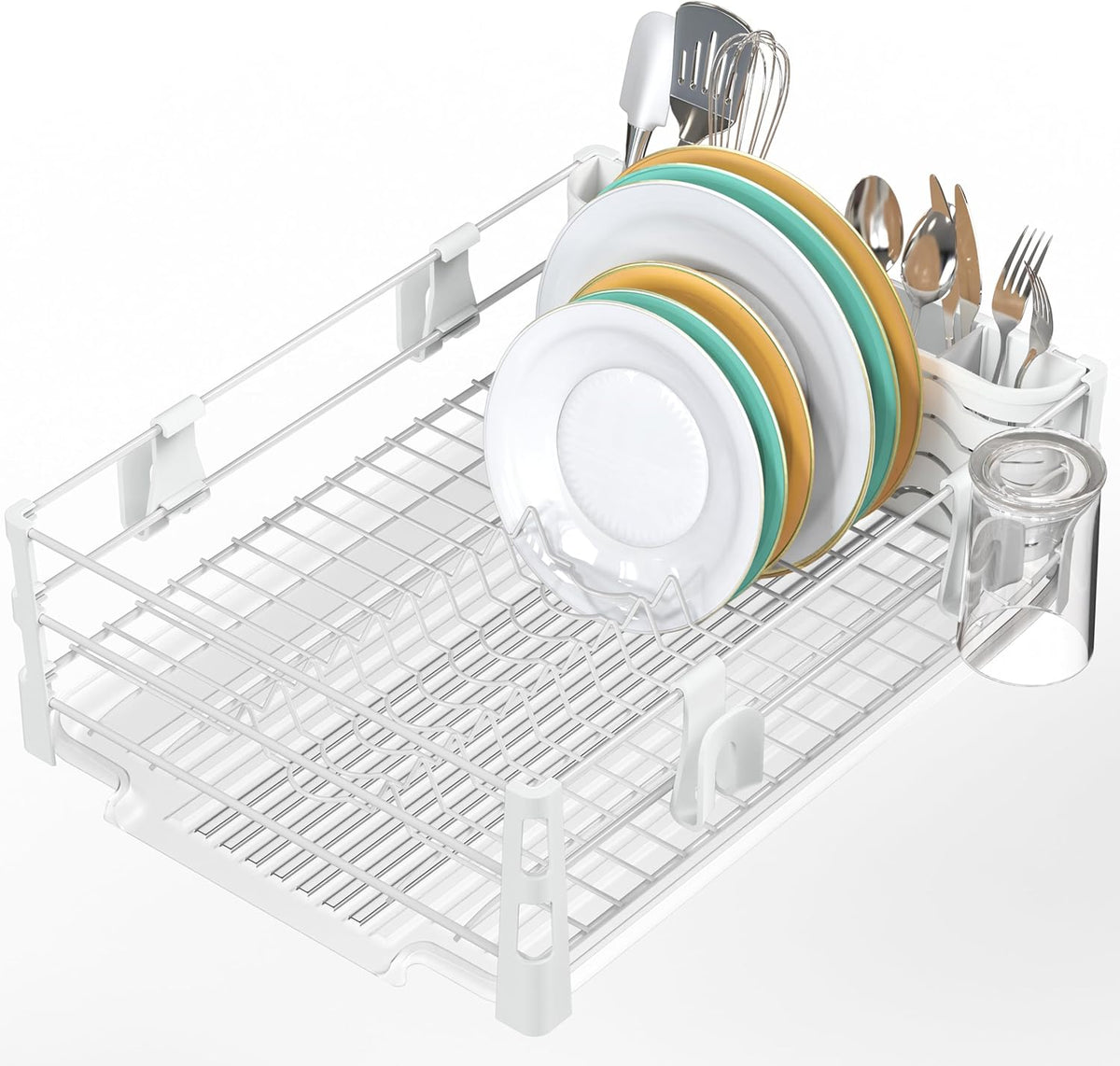 SIMPLE HOUSEWARE White Dish Drying Rack with Drainboard, Utensil Holder & Mug Hooks – Metal Kitchen