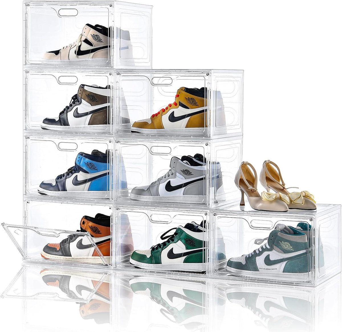 8 Pack Shoe Boxes Clear Plastic Stackable, Large Shoe Storage Organizer with Lids,Drop Side Shoe