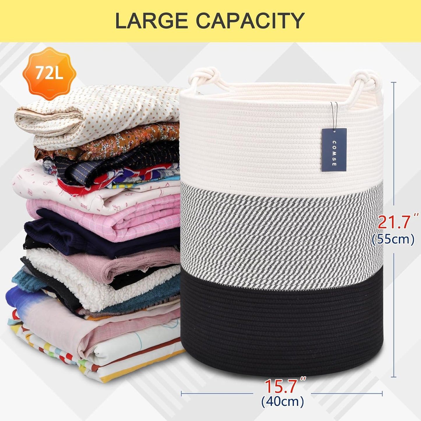 COMSE Extra Large Blanket Basket, Tall Woven Storage Basket, Nursery Hamper, 15.7”x 21.7”, Cotton