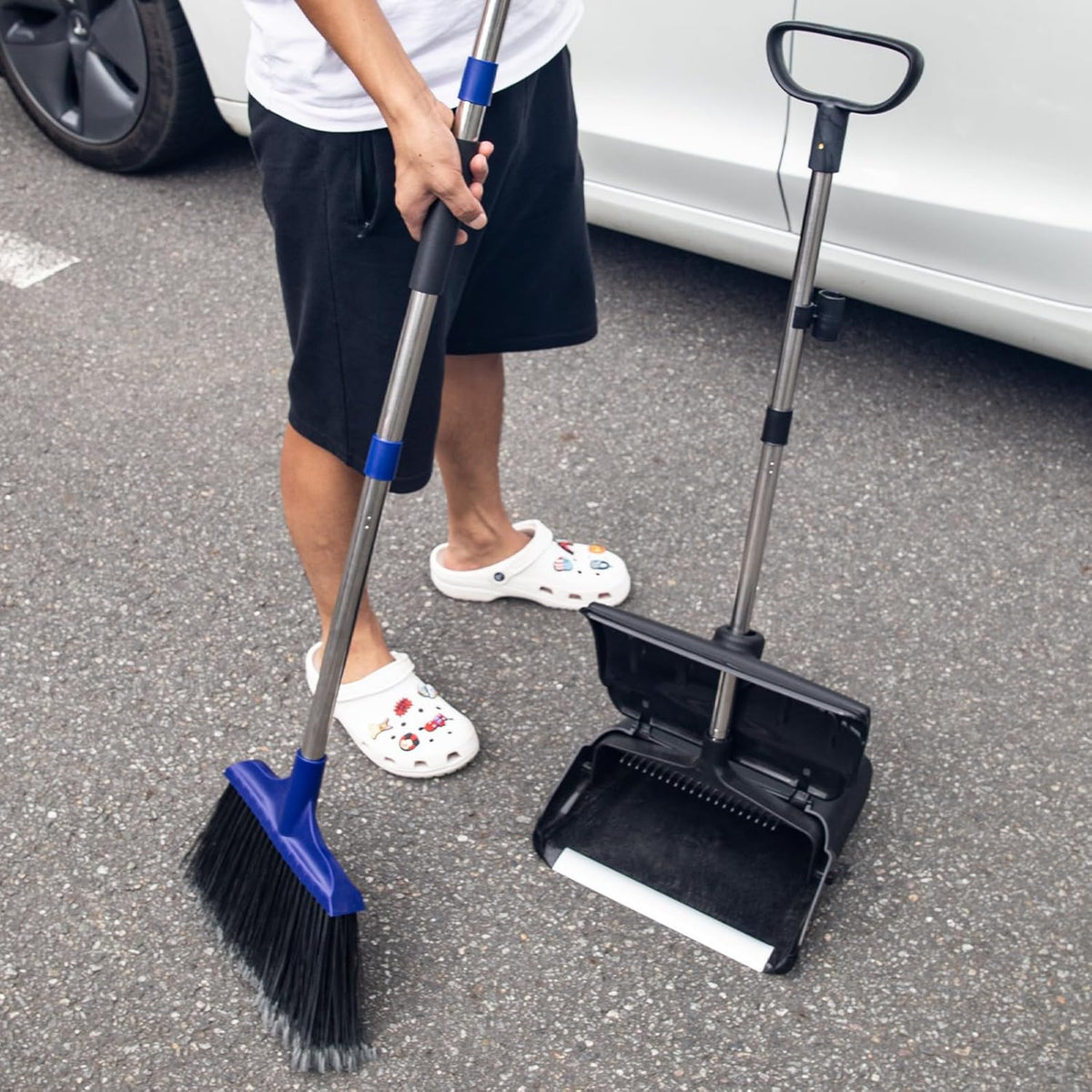 Kefanta Outdoor Heavy Duty 2 Brooms and Dustpan Set with Aluminum Flat Lip for Courtyard Garage