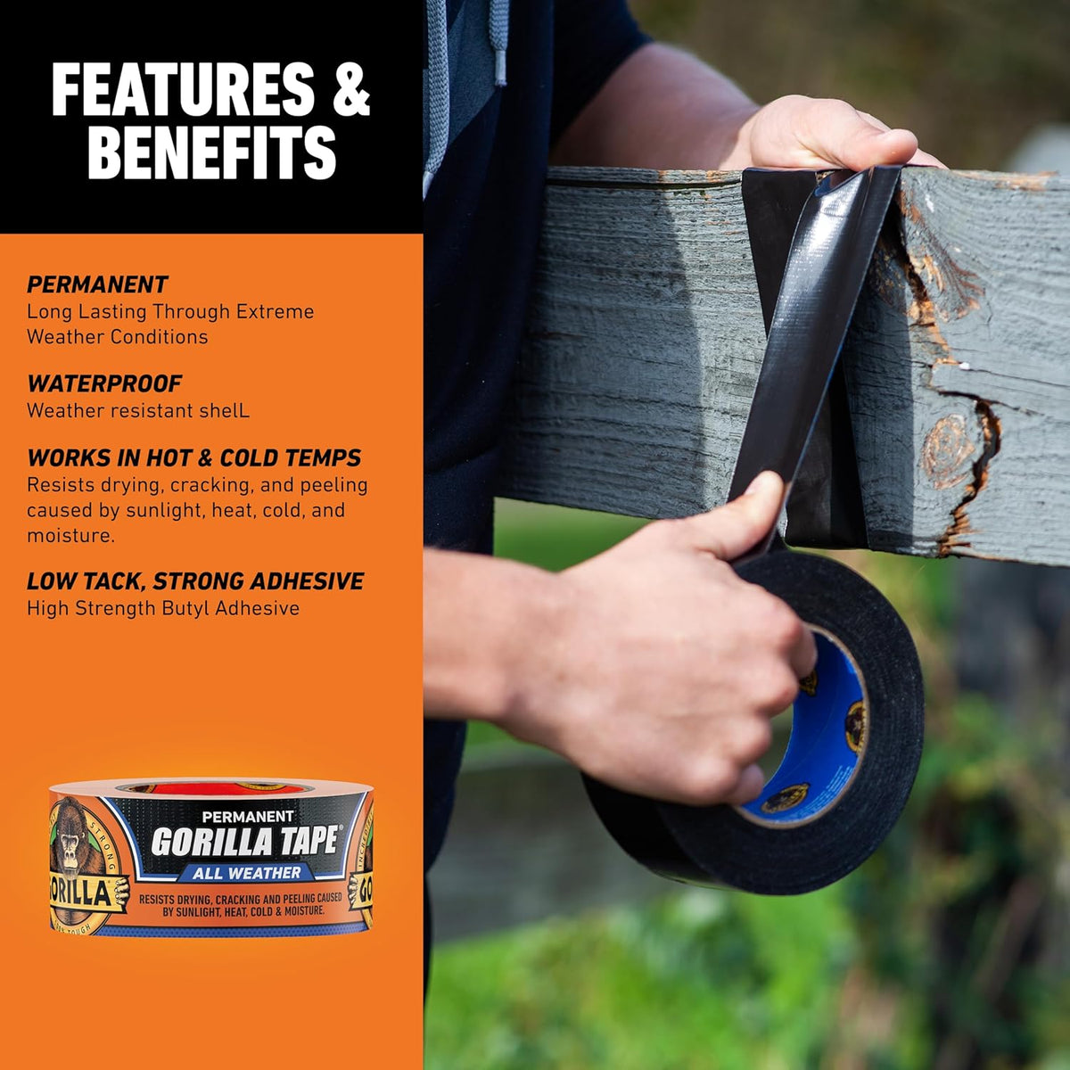 Gorilla All Weather Duct Tape, Black, 1.88" x 25 yd | UV Resistant | Waterproof | For Outdoor
