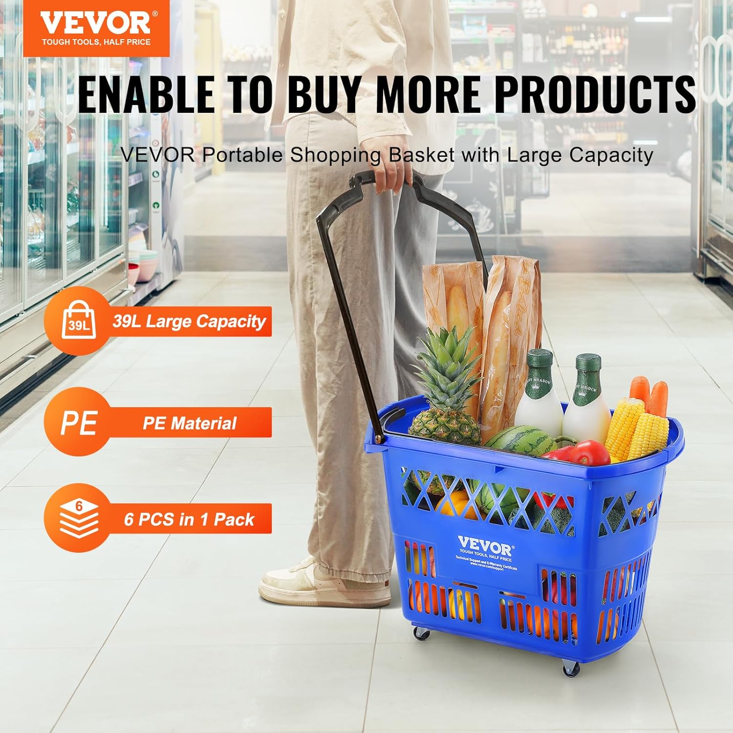 VEVOR Shopping Carts with Handles, 6PCS, 39L Plastic Rolling Shopping Basket with Wheels, Large