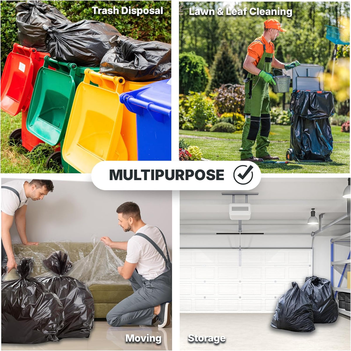 45 Gallon Trash Bags, 30 Micron Heavy Duty Pure LDPE Garbage Can Liners, 40" x 46" Large, Black