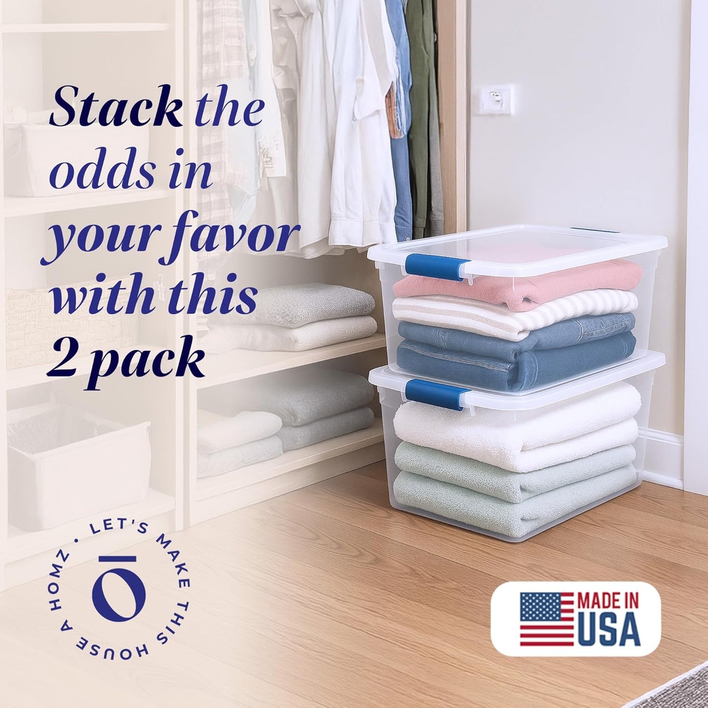 HOMZ 2-Pack Latching Lid, Large Clear Plastic Storage Bins with Lids, 66 Quart, Blue Latch