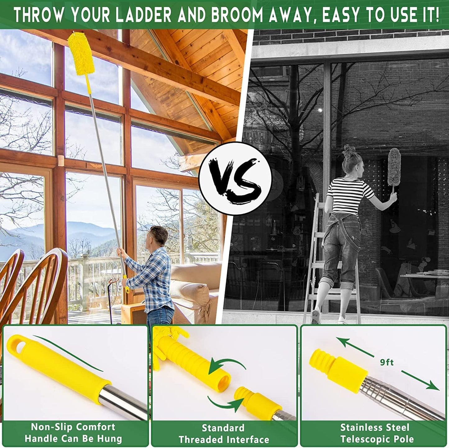 17 Foot High Reach Duster Kit with 2-to-9 Foot Extension Pole, Newliton 3-in-1 High Ceiling