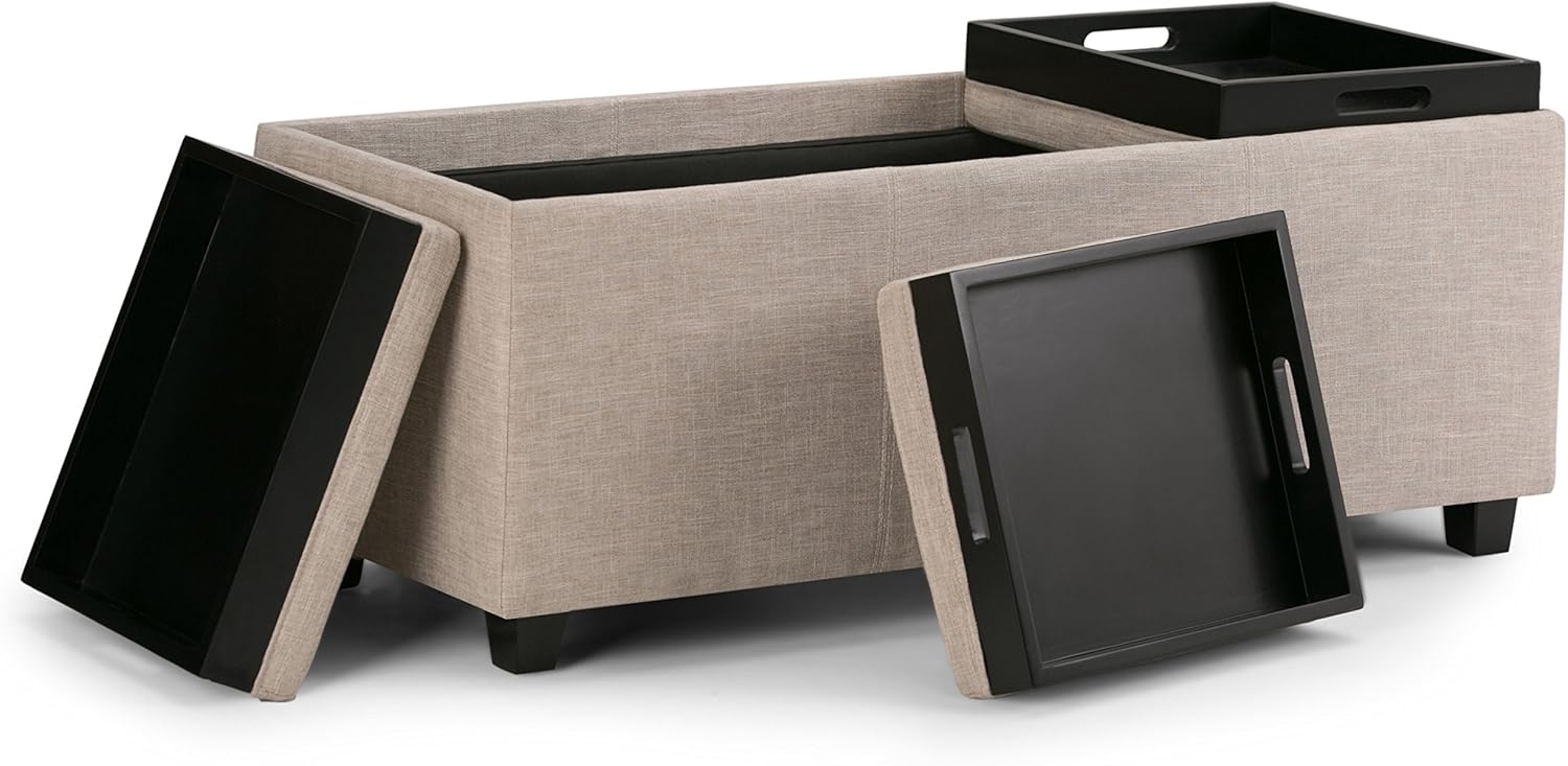 SIMPLIHOME Avalon 42 inch Wide Contemporary Rectangle Storage Ottoman in Natural Linen Look Fabric