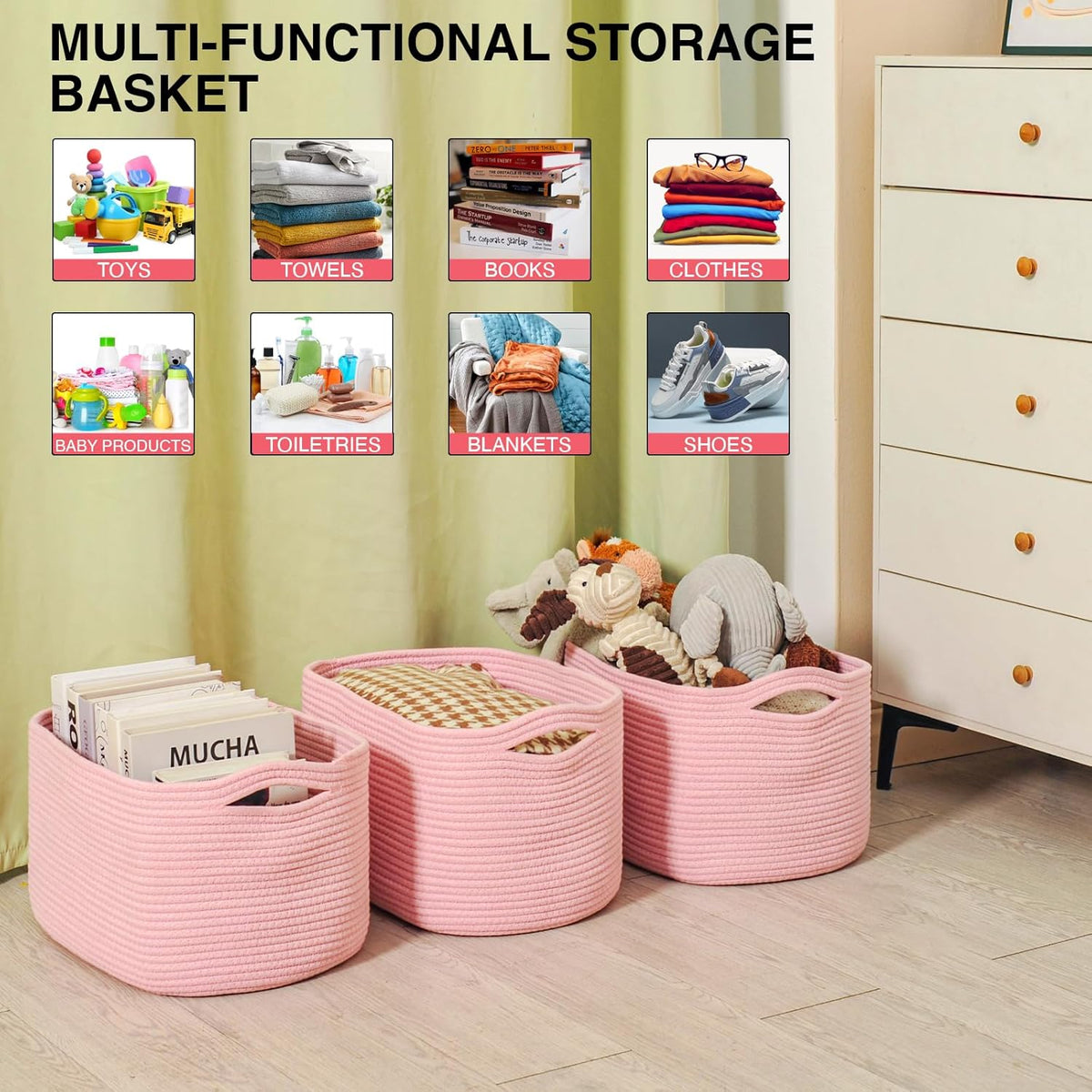 Storage Baskets for Organizing Shelves, Pink Basket for Nursery, Woven Cotton Rope Baskets for