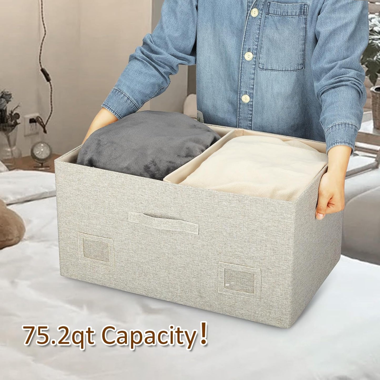 75 Quarts Extra Large Decorative Storage Bins with Lids, 3 Packs Beige Collapsible Storage Bins