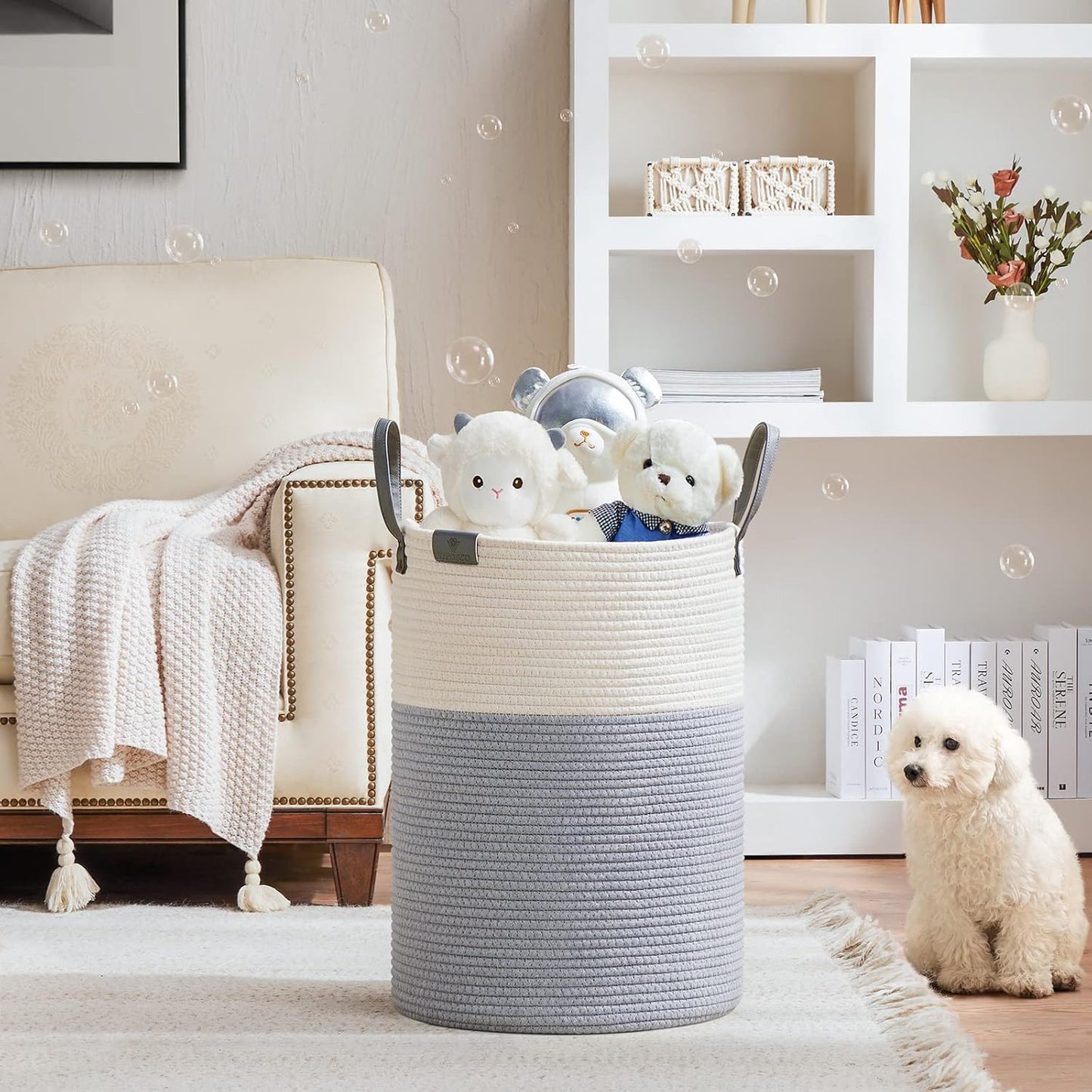VIPOSCO Tall Laundry Basket, Large Dirty Clothes Hamper with Leather Handle, Woven Rope Storage