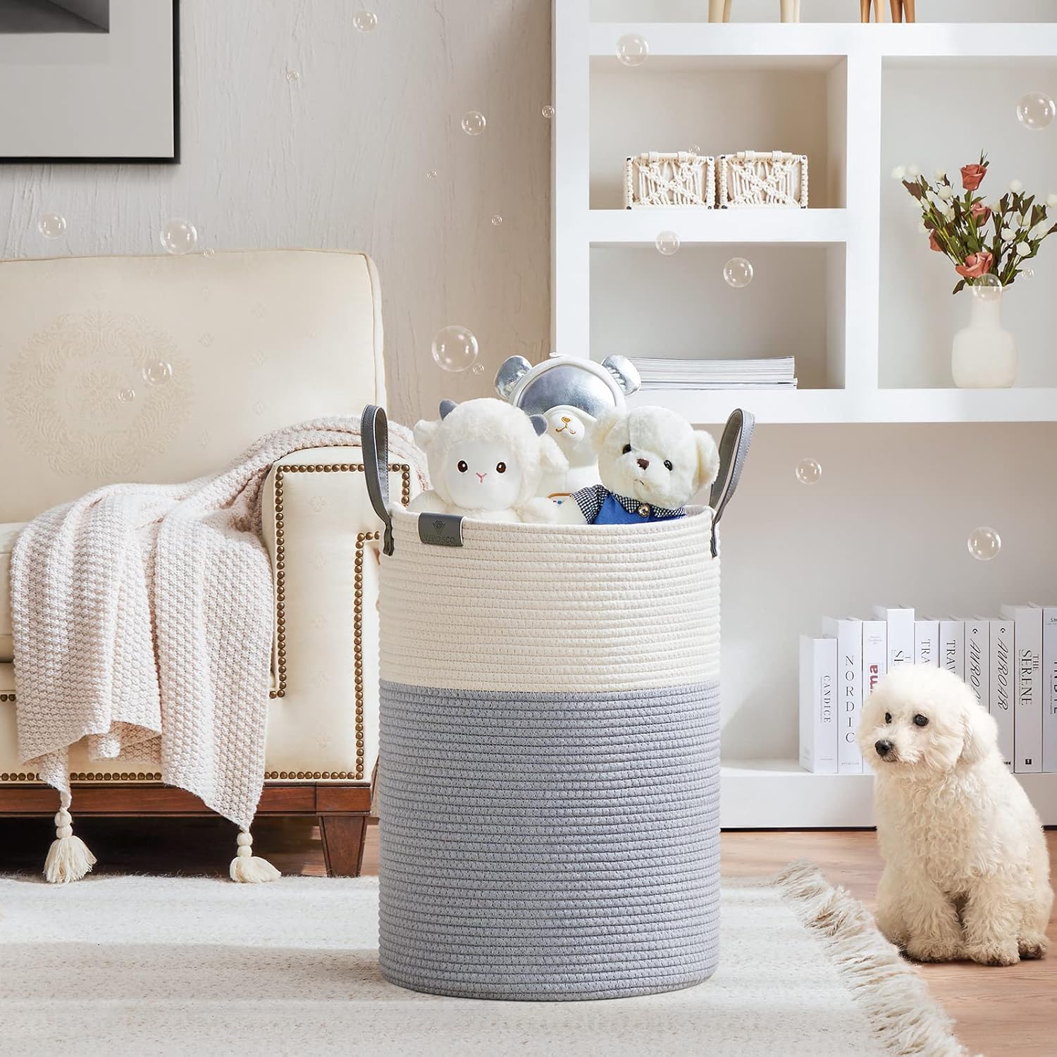 VIPOSCO Tall Laundry Basket, Large Dirty Clothes Hamper with Leather Handle, Woven Rope Storage