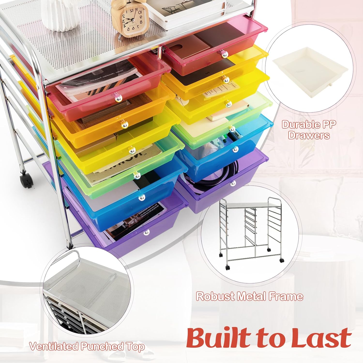 GOFLAME 12-Drawer Rolling Storage Cart, Multipurpose Organizer Cart with 2 Sizes Plastic Drawers