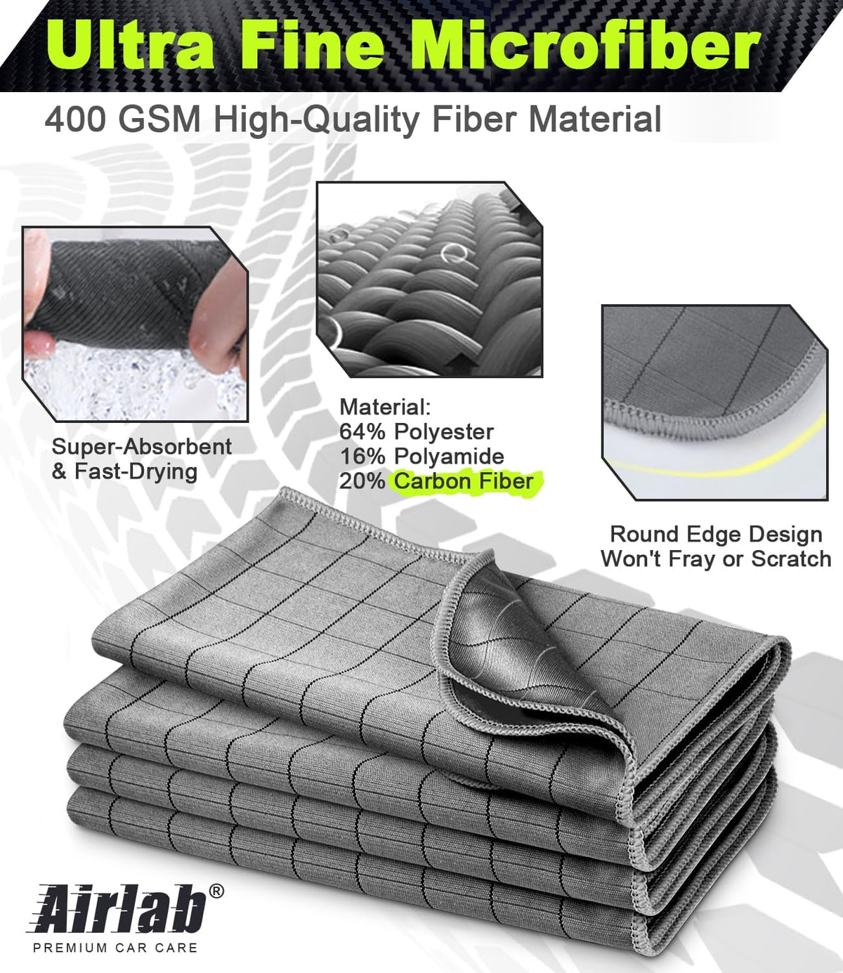 Airlab Carbon Microfiber Towels for Car Drying Window Glass Cleaner Magic Cleaning Cloth Auto